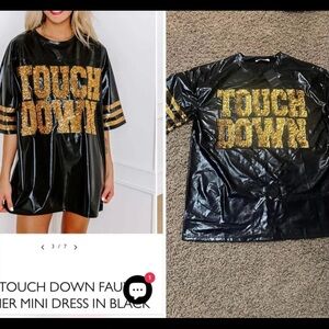 Black Faux Leather Mini Dress with Gold Touchdown Print